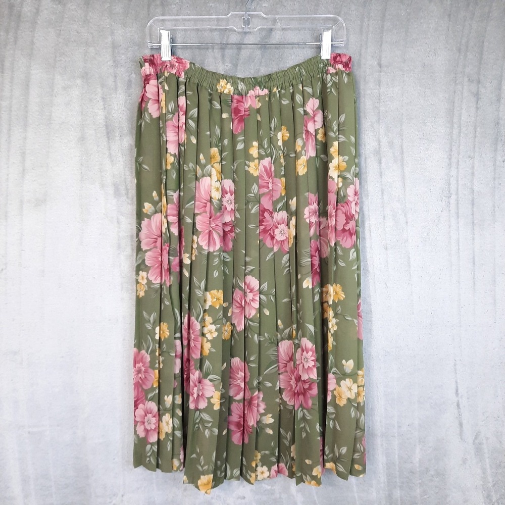 VTG Pleated Floral Skirt Green Pink Midi Womens 14 Cottagecore Grandma Romantic